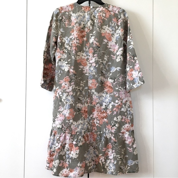 J. Jill 100%  Linen  Floral Ruffle Hem 3/4 long sleeves Crew Neck Relaxed Dress - Picture 4 of 16
